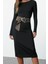 Moda Stil Slim Kayık Yaka Midi Boy Düz Bodycone Vücuda Oturan Polyamid Örme Elbise 2