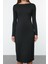 Moda Stil Slim Kayık Yaka Midi Boy Düz Bodycone Vücuda Oturan Polyamid Örme Elbise 3