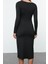 Moda Stil Slim Kayık Yaka Midi Boy Düz Bodycone Vücuda Oturan Polyamid Örme Elbise 4
