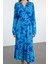 Moda Stil Regular Gömlek Yaka Midi Boy Kemerli Geometrik Desenli Dokuma Gömlek Elbise 3