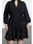 Moda Stil Fitted V Yaka Midi Boy Büyük Beden Balon Kol Kuşaklı Ponponlu Dokuma Büyük Beden Elbise 3