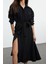 Moda Stil Regular Gömlek Yaka Midi Boy Kuşaklı Çizgili Dokuma Gömlek Elbise 1