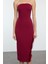 Moda Stil Fitted Straplez Midi Boy Vücuda Oturan Otrişli Dokuma Elbise 3
