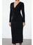 Moda Stil Fitted Kruvaze Midi Boy Vücuda Oturan V Yaka Simli Örme Elbise 2
