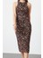 Moda Fitted Halter Yaka Midi Boy Kahverengi Çok Renkli Leopar Örme Tül Şık Abiye Elbise 1