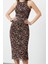 Moda Fitted Halter Yaka Midi Boy Kahverengi Çok Renkli Leopar Örme Tül Şık Abiye Elbise 4