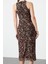 Moda Fitted Halter Yaka Midi Boy Kahverengi Çok Renkli Leopar Örme Tül Şık Abiye Elbise 5