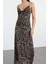 Moda Stil Fitted Degaje Yaka Midi Boy Vücuda Oturan Astarlı Leopar Desenli Tül Elbise 1