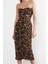Moda Stil Fitted Straplez Midi Boy Vücuda Oturan Leopar Desenli Drapeli Örme Tül Şık Abiye Elbise 1