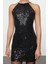 Moda Stil Fitted Halter Yaka Mini Boy Vücuda Oturan Dokuma Payet Kısa Elbise 3