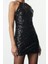Moda Stil Fitted Halter Yaka Mini Boy Vücuda Oturan Dokuma Payet Kısa Elbise 4