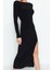 Moda Stil Slim Kayık Yaka Maxi Boy Sırt Dekolteli Yırtmaçlı Fitted Vücuda Oturan Esnek Örme Elbise 1