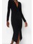 Moda Stil Slim V Yaka Midi Boy Drapeli Fitted Vücuda Oturan Esnek Örme Kalem Elbise 2