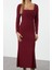 Moda Stil Slim Kare Yaka Maxi Boy Volanlı Fitted Vücuda Oturan Esnek Örme Elbise 1