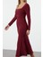 Moda Stil Slim Kare Yaka Maxi Boy Volanlı Fitted Vücuda Oturan Esnek Örme Elbise 4