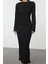 Moda Stil Slim Kayık Yaka Maxi Boy Düz Dokulu Fitted Vücuda Oturan Örme Elbise 2