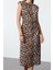 Moda Stil Regular Bisiklet Yaka Midi Boy Leopar Desenli Düz Kesim Vatkalı Dokuma Elbise 1