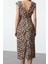 Moda Stil Regular Bisiklet Yaka Midi Boy Leopar Desenli Düz Kesim Vatkalı Dokuma Elbise 2