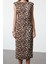 Moda Stil Regular Bisiklet Yaka Midi Boy Leopar Desenli Düz Kesim Vatkalı Dokuma Elbise 3