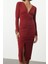 Moda Stil Slim V Yaka Midi Boy Düz Büzgülü Drapeli Fitted Vücuda Oturan Esnek Örme Elbise 1