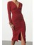 Moda Stil Slim V Yaka Midi Boy Düz Büzgülü Drapeli Fitted Vücuda Oturan Esnek Örme Elbise 4