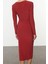 Moda Stil Slim V Yaka Midi Boy Düz Büzgülü Drapeli Fitted Vücuda Oturan Esnek Örme Elbise 5