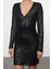 Moda Stil Fitted V Yaka Mini Boy Vücuda Oturan Payet Örme Kısa Elbise 3