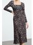 Moda Stil Slim Kare Yaka Maxi Boy Leopar Baskılı Volanlı Vücuda Oturan Esnek Örme Elbise 1