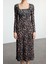 Moda Stil Slim Kare Yaka Maxi Boy Leopar Baskılı Volanlı Vücuda Oturan Esnek Örme Elbise 3