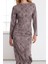 Moda Stil Slim Kayık Yaka Midi Boy Limited Edition Baskılı Drapeli Vücuda Oturan Esnek Örme Elbise 2