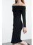 Moda Stil Slim Carmen Yaka Midi Boy Fitted Vücuda Oturan Fitilli Esnek Örme Elbise 1