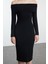 Moda Stil Slim Carmen Yaka Midi Boy Fitted Vücuda Oturan Fitilli Esnek Örme Elbise 3