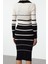 Moda Stil Slim Polo Yaka Midi Boy Triko Renk Bloklu Çizgili Elbise 2