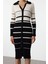 Moda Stil Slim Polo Yaka Midi Boy Triko Renk Bloklu Çizgili Elbise 3