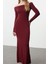Moda Stil Slim Carmen Yaka Maxi Boy Renk Bloklu Fitted Vücuda Oturan Esnek Örme Elbise 1