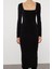 Moda Stil Fitted Kare Yaka Midi Boy Düz Bodycone Vücuda Oturan Esnek Örme Elbise 1