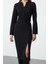 Moda Stil Regular V Yaka Midi Boy Vücudu Saran Dokuma Elbise 1