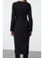 Moda Stil Regular V Yaka Midi Boy Vücudu Saran Dokuma Elbise 5