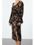 Moda Stil Regular Kalp Yaka Midi Boy Çiçek Desenli Dokuma Elbise 4