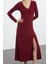Moda Stil Fitted V Yaka Maxi Boy Düz Eteği Volanlı Skater Belden Açılan Esnek Örme Elbise 4