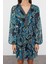 Moda Stil Regular V Yaka Mini Boy Çiçek Desenli Belden Açılan Gipeli Astarlı Dokuma Elbise 3