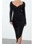 Moda Stil Slim Kalp Yaka Midi Boy Düz Büzgü Drapeli Asimetrik Fitted Vücuda Oturan Örme Elbise 1