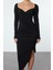 Moda Stil Slim Kalp Yaka Midi Boy Düz Büzgü Drapeli Asimetrik Fitted Vücuda Oturan Örme Elbise 3