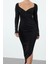 Moda Stil Slim Kalp Yaka Midi Boy Düz Büzgü Drapeli Asimetrik Fitted Vücuda Oturan Örme Elbise 5