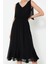 Moda Stil Regular V Yaka Maxi Boy A Kesim Beli Lastikli Şifon Astarlı Dokuma Elbise 1