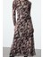 Moda Stil Regular Bisiklet Yaka Maxi Boy Baskılı Büzgü Drape Örme Elbise 1