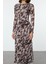 Moda Stil Regular Bisiklet Yaka Maxi Boy Baskılı Büzgü Drape Örme Elbise 3