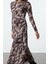 Moda Stil Regular Bisiklet Yaka Maxi Boy Baskılı Büzgü Drape Örme Elbise 4