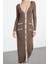 Moda Stil Regular V Yaka Maxi Boy Triko Renk Bloklu Elbise 1