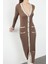 Moda Stil Regular V Yaka Maxi Boy Triko Renk Bloklu Elbise 4